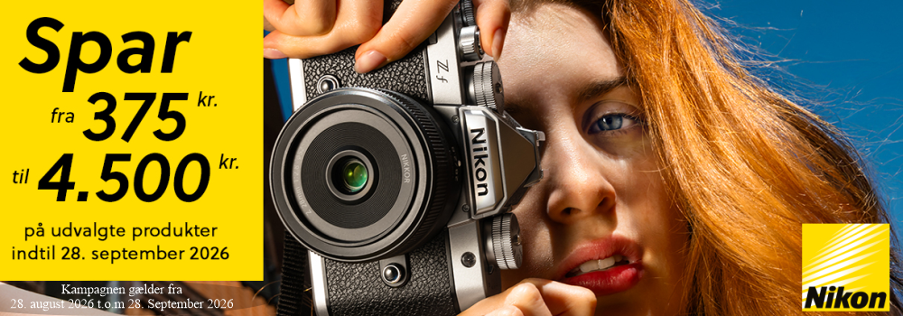 Spar fra 375 kr. til 4.500 kr. gælde rudvalgte produkter fra Nikon. Kampagnen gælder fra 28 august t.o.m. 28 september. 2026